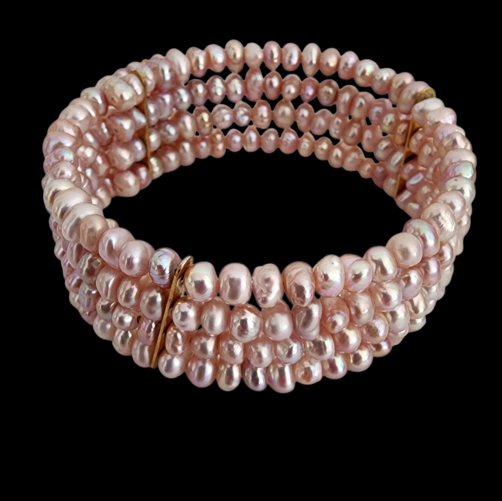 Pink pearl cuff bracelet petite pearls 4 tiers dainty blush pearls  A0019